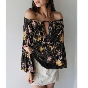 Free People One Last Time Black Floral Bell Sleeve Wrap Top
